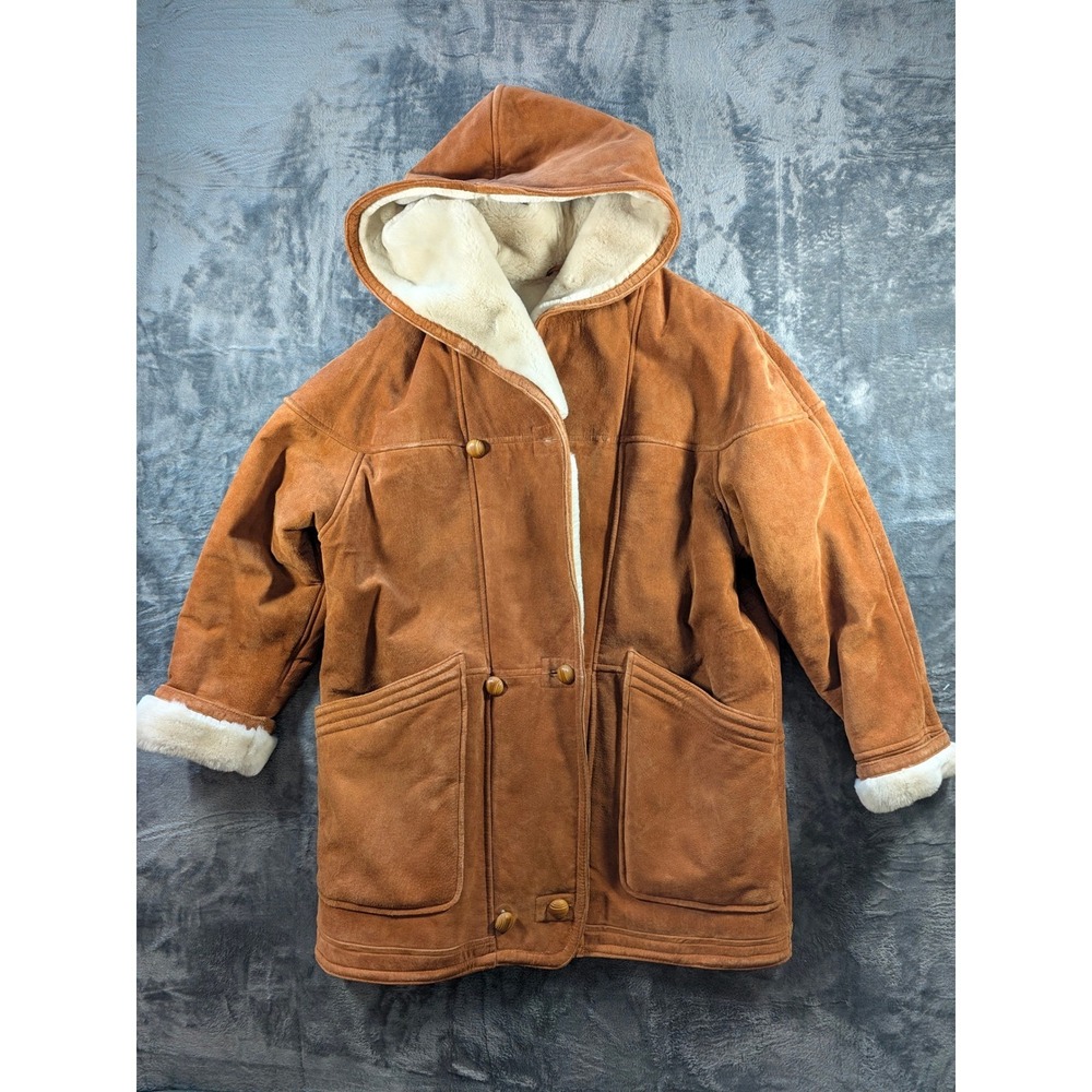 The Limited Vintage Brown Suede Leather Faux Shearling Hooded Coat Tan Women M